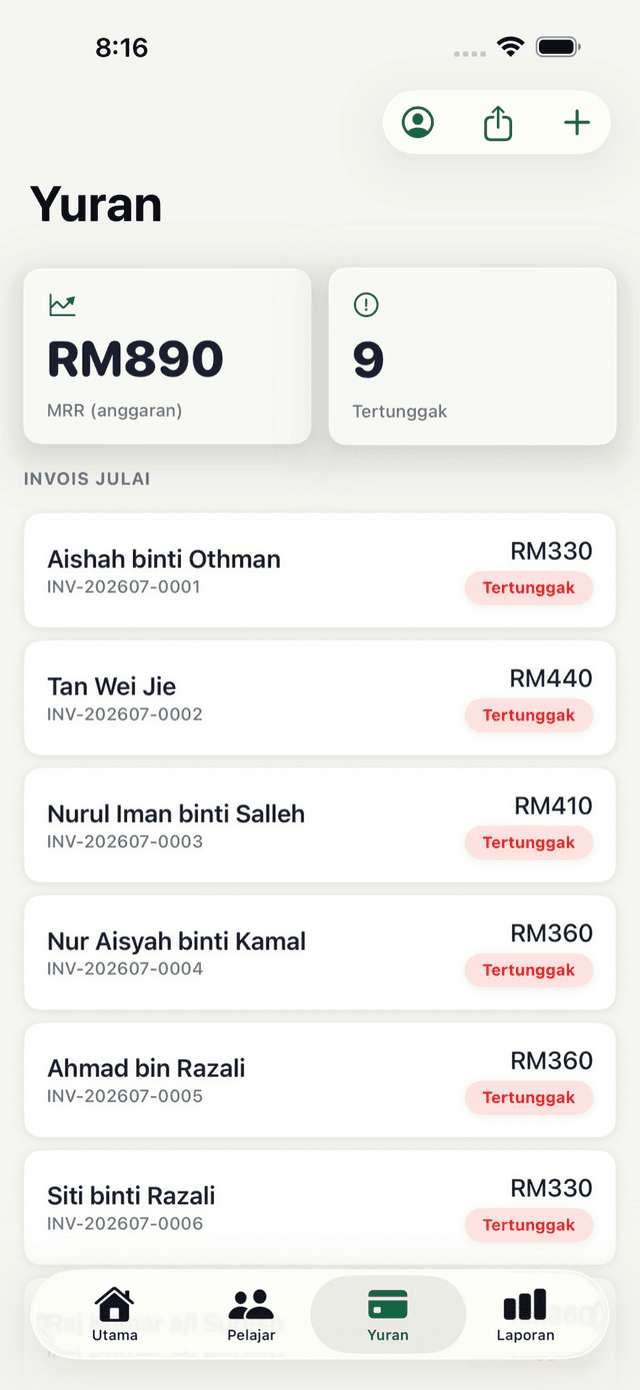 Senarai yuran & invois dalam app iOS