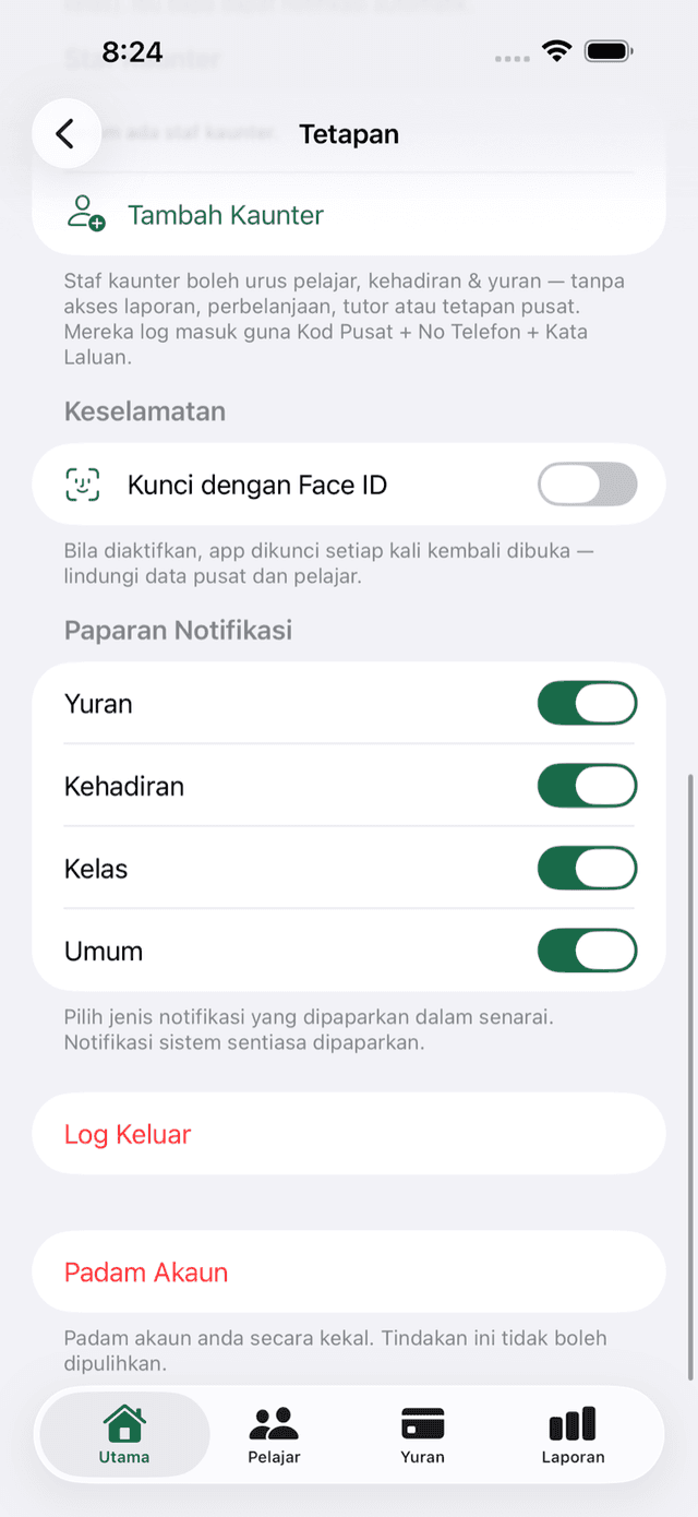 Tetapan staf kaunter dalam app iOS