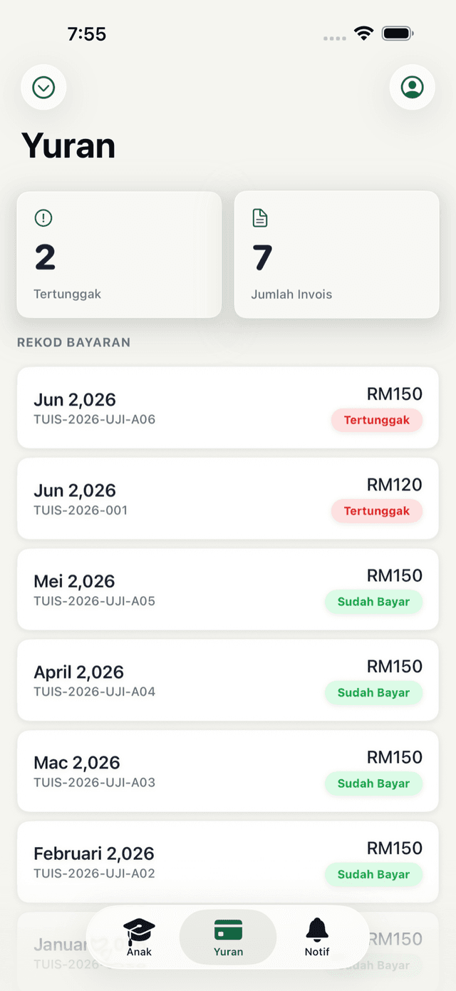 Status yuran anak dalam app iOS