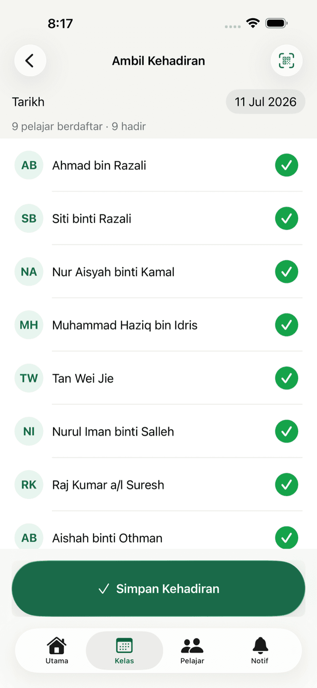 Skrin ambil kehadiran dalam app iOS