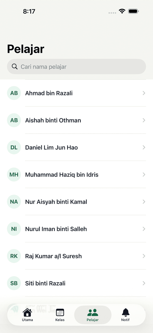 Senarai pelajar untuk tutor dalam app iOS